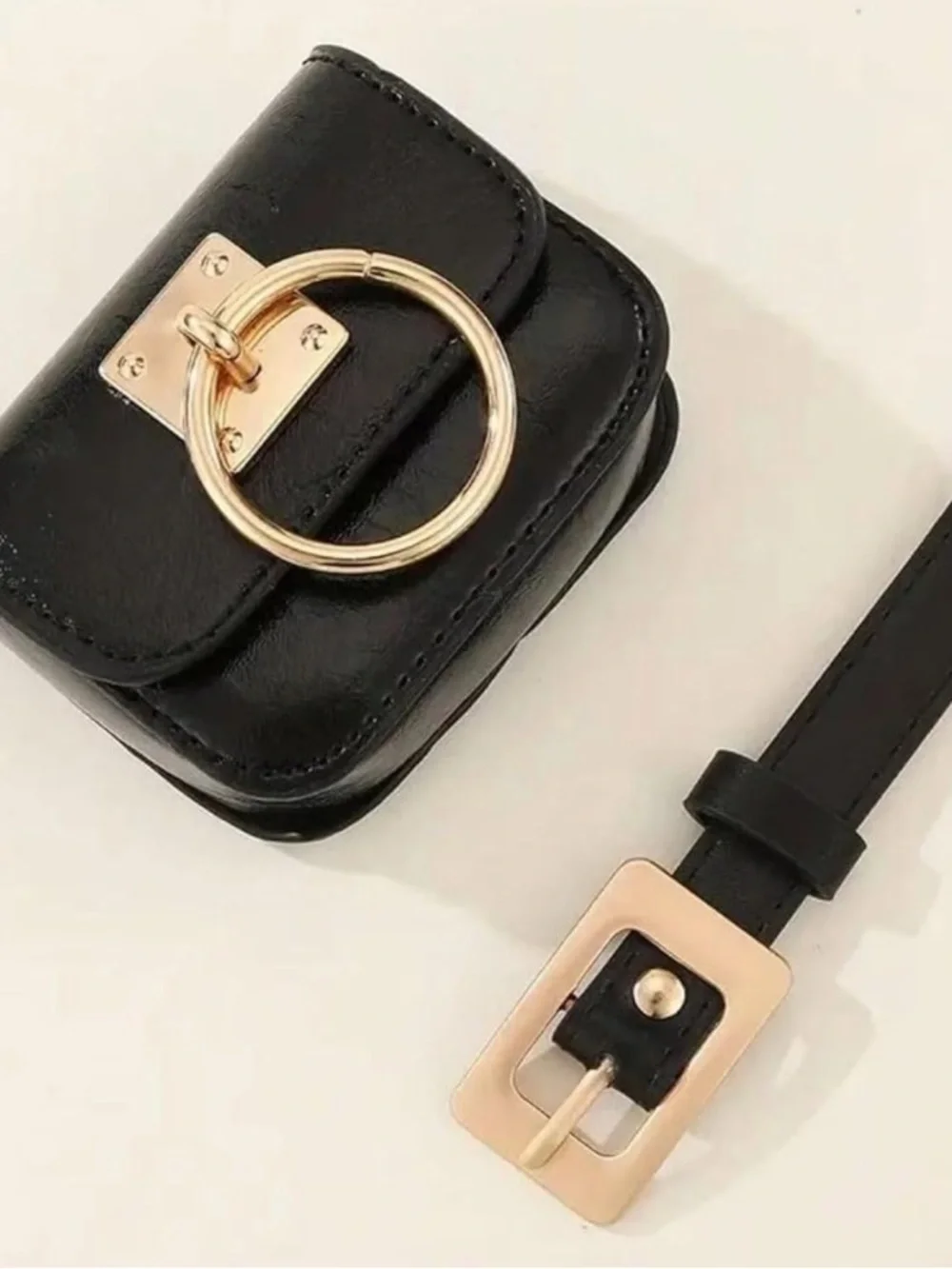 Modern Black Belt Bag with Gold Ring Hardware